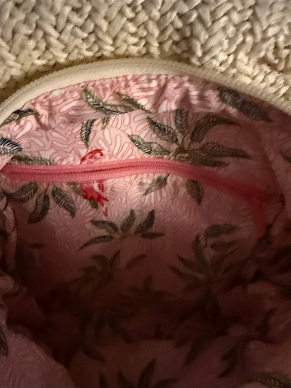 Vera Bradley Mini Cream Convertible Straw Backpack with Pink Parrot Accent